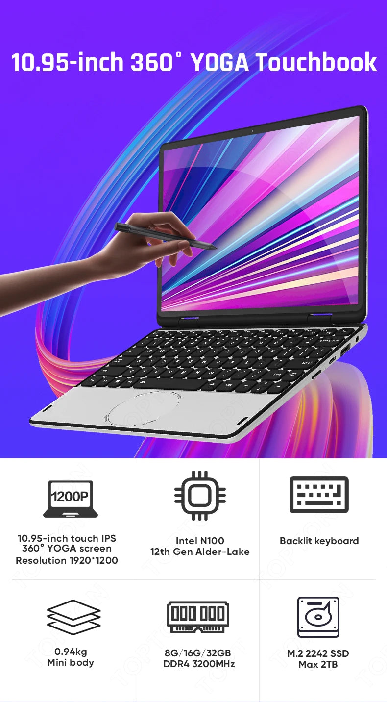 Topton L20 360° YOGA Intel N100 Laptop 10.95 inch IPS Touch Book Max 32G DDR4 2T SSD Portable Office Notebook Mini PC Tablet