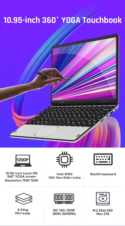 Topton L20 360° YOGA Intel N100 Laptop 10.95 inch IPS Touch Book Max 32G DDR4 2T SSD Portable Office Notebook Mini PC Tablet