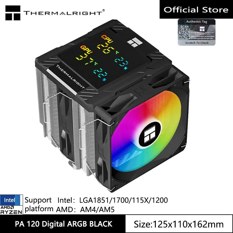 Thermalright PA 120 Digital Chassis Air Cooling Radiator，6 heat pipe/CPU/CPU simultaneous monitoring/Supports LGA1851/1700/AM5