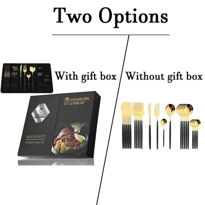 24Pcs Stainless Steel Cutlery Set Black Handle Golden Dinnerware Knife Fork Spoon Kitchen Tableware Gift Set
