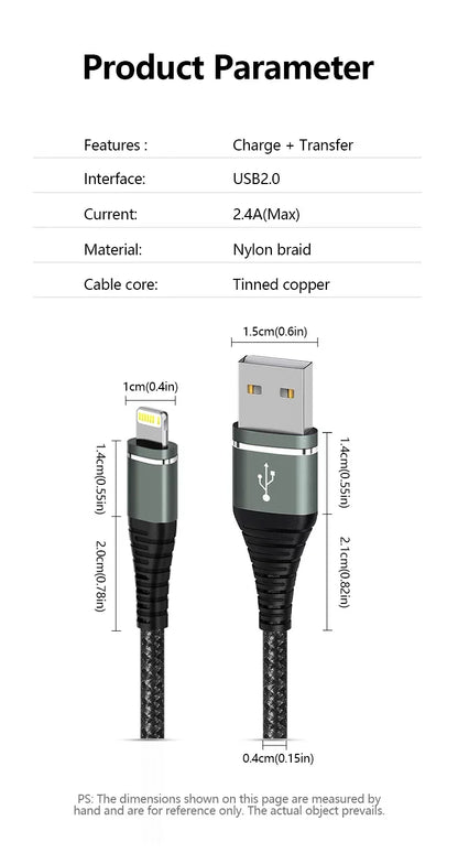 Lightning Cable USB Original Fast Charging Cord for Iphone 14 13 12 11 Pro Max XS X XR 7 8 6 Plus SE Nylon Braided Charger Cord