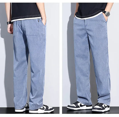 2024 Summer Jeans for Men Thin Soft Lyocell Fabric Loose Straight Wide Leg Pants Elastic Waist Casual Trousers Plus Size M-5XL