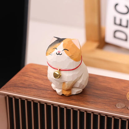 Cute Cat Animals Figurine Decorative Wooden  Ornament Kitten Statue Calico Golden gradient cat Home Office Desk Car Decor Gift