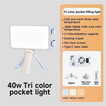 40W Handheld Fill Light Portable Pocket Selfie Light Outdoor Photography LED Soft Light Beauty Light with Fan Camera Top Light
