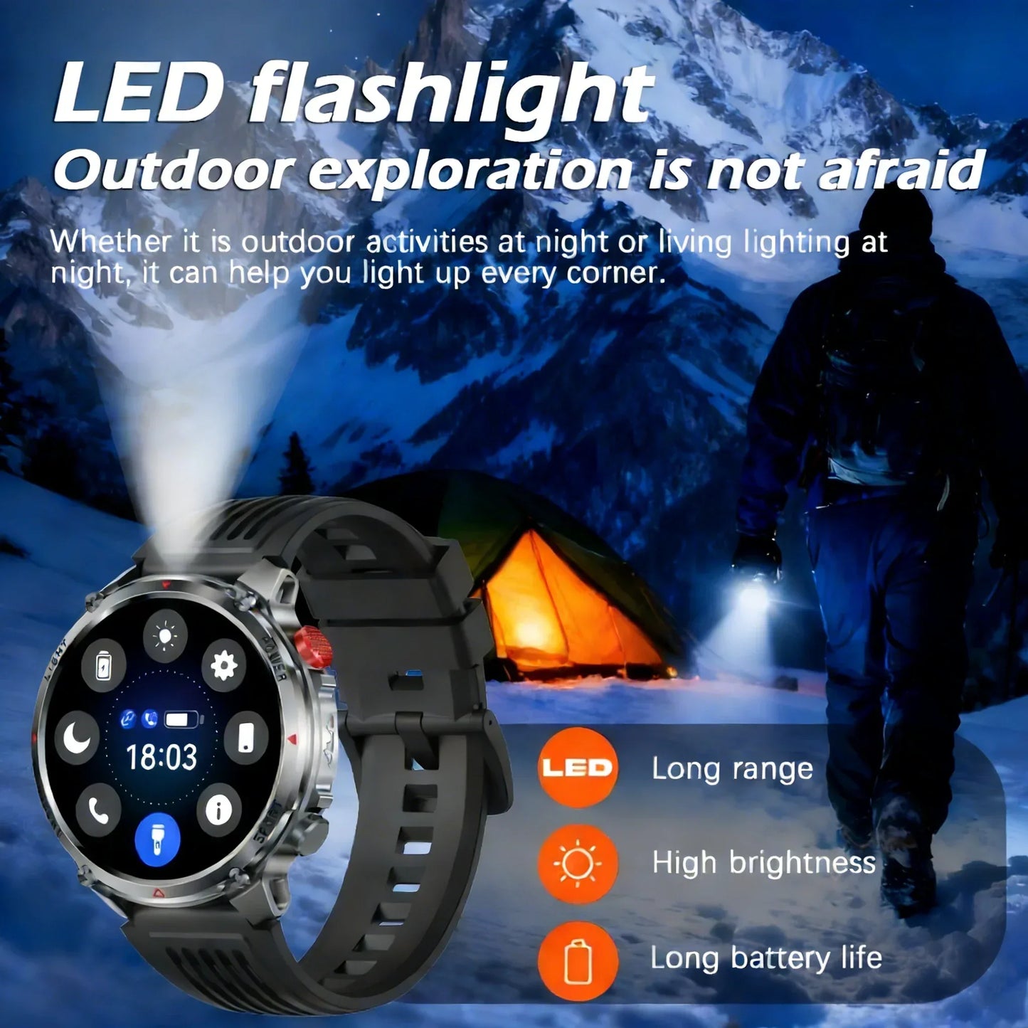 2026 Edition Military Outdoor Sports Smartwatch 1.7-inch AMOLED screen 1100 mAh battery LED flashlight Bluetooth call Waterproof