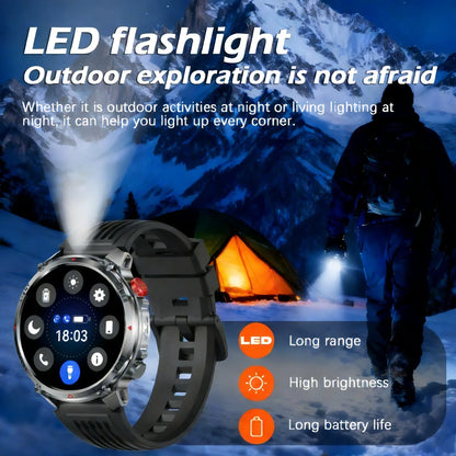 2026 Edition Military Outdoor Sports Smartwatch 1.7-inch AMOLED screen 1100 mAh battery LED flashlight Bluetooth call Waterproof