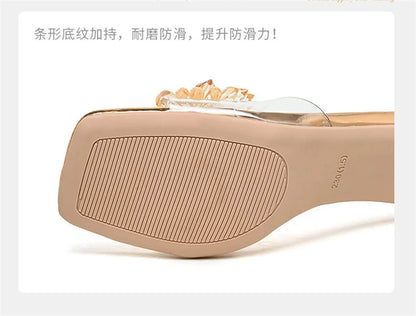 2023 Summer Square Head Open Toe Fashion Transparent Soft Flower Women's Slippers Crystal Heel New High Heel Sandals