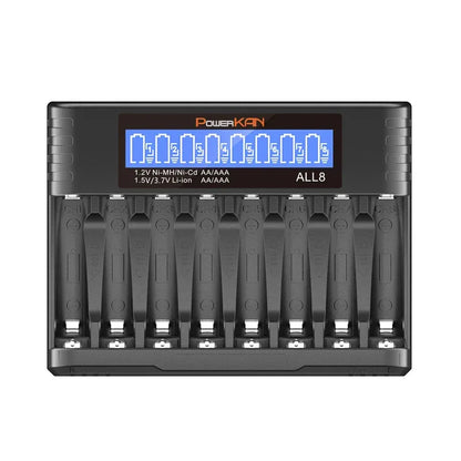 POWERKAN ALL8 charger, 8-slot high-speed LCD AA/AAA charger, suitable for 1.2V Ni-MH 1.5V/3.7V Li-ion rechargeable batteries