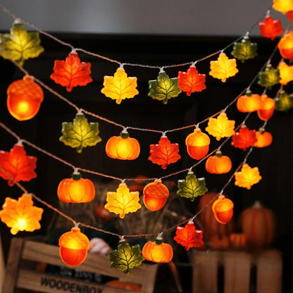 Guirlande lumineuse LED de 1,5/3 m en forme de citrouille, de noix et de feuille d'érable, idéale pour Halloween, Noël ou toute autre fête. Décoration à suspendre, accessoire de décoration ou cadeau de Thanksgiving.
