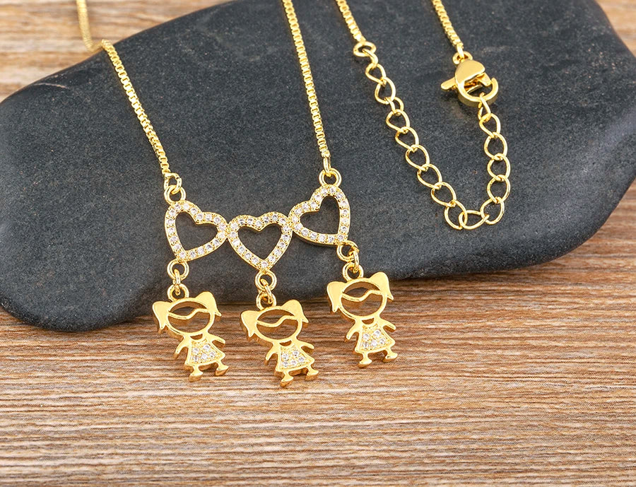 Nidin Exquisite Gold Plated Mom Daughter Necklace Girl Boy Pendant Chain Choker Cubic Zirconia Jewelry Mother's Day Gift