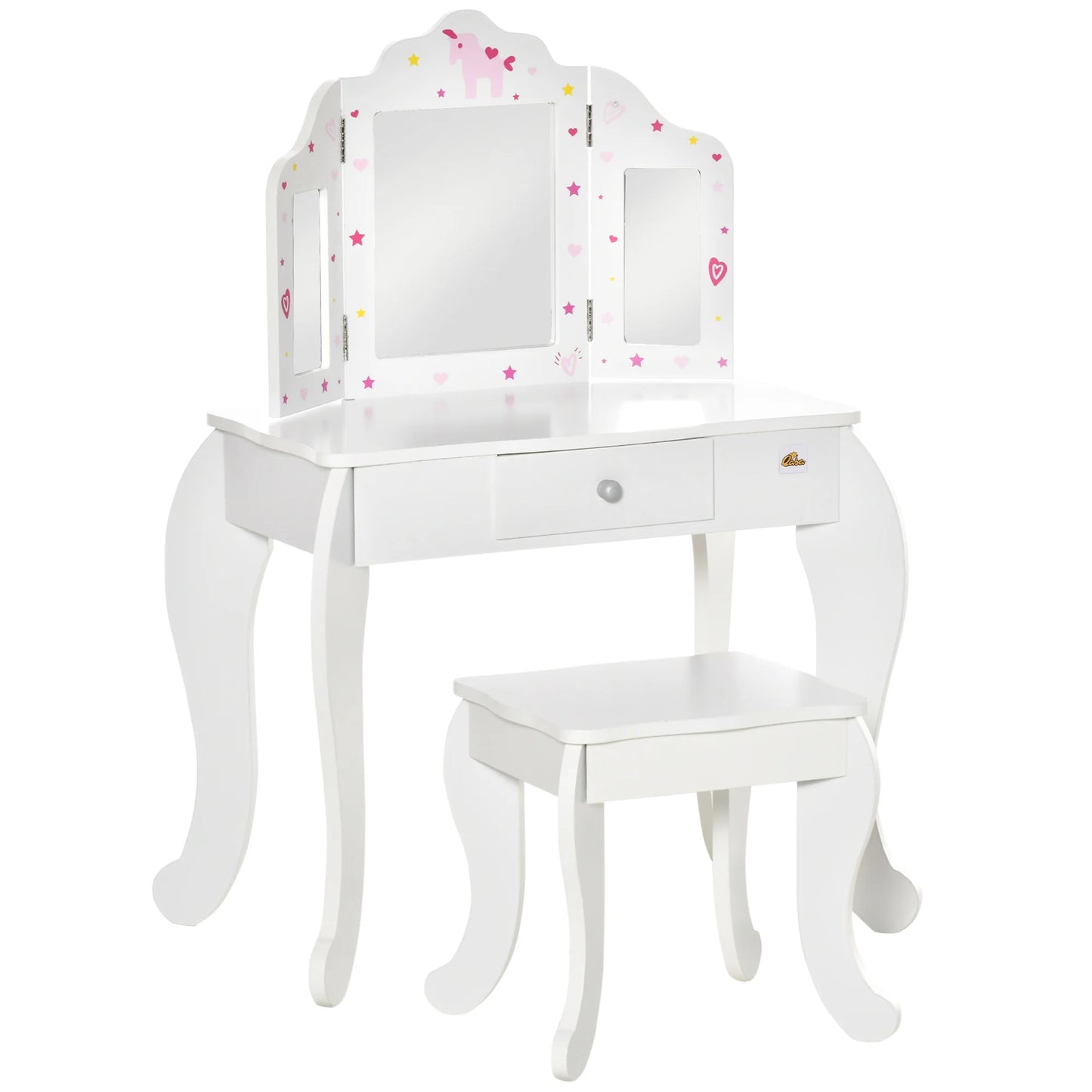 Homcom Wooden Children's Dressing Table with Mirror Stool Drawer Makeup Table Pink