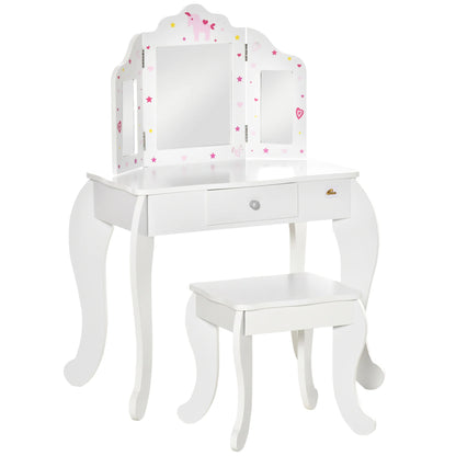 Homcom Wooden Children's Dressing Table with Mirror Stool Drawer Makeup Table Pink