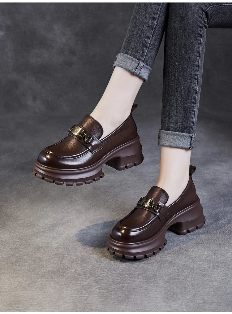 DRKANOL Women Genuine Leather Loafers 2026 Spring Autumn Thick High Heel Chunky Platform Handmade Retro Metal Trend Casual Shoes