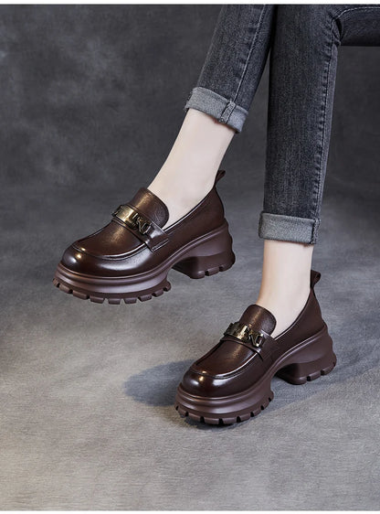 DRKANOL Women Genuine Leather Loafers 2026 Spring Autumn Thick High Heel Chunky Platform Handmade Retro Metal Trend Casual Shoes