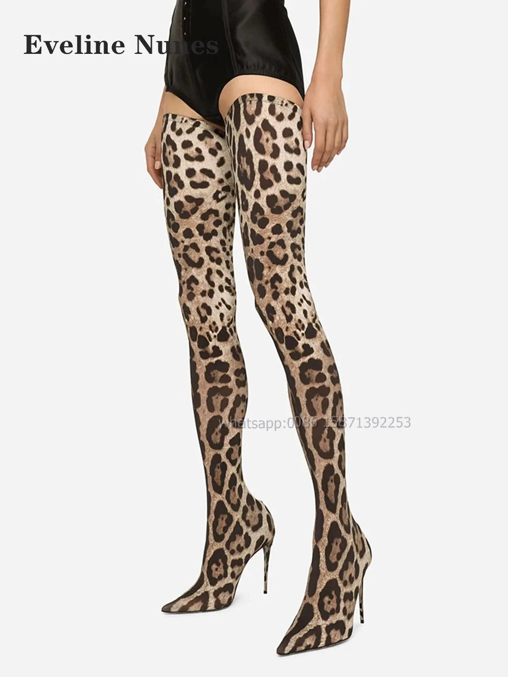 Leopard Satin Thigh High Boots Pointed Toe Thin Heels Mixed Colors Women Stretch Boots Pull On Sexy Spicy Girl Booty Runway Show