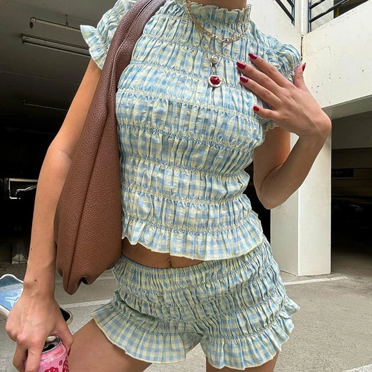 2 Piece Short Set Women Plaid Ruched Crop Tops Pleated Elastic T-shirt Vintage Fairycore Cute Y2k Outfits Going Out Streetwear by PDG ibma