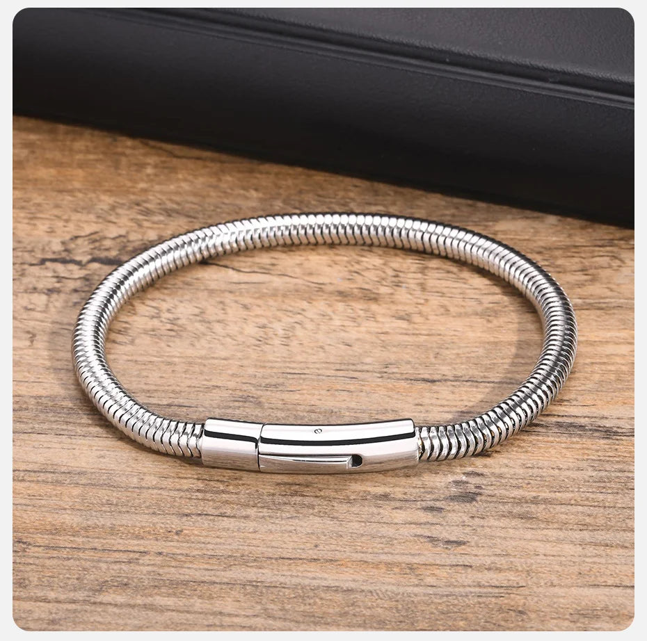 Vnox 5mm Round Snake Chain Bracelets for Men Women Black Silver Color Waterproof Cocoon Links Wristband Simple Cool Jewelry