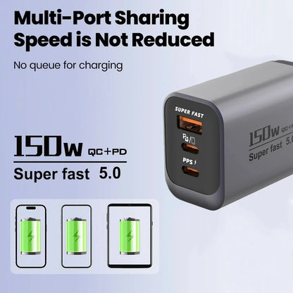 150W Fast Charger 3 Ports USB C PD3.0 QC3.0 Super Fast Wall Adapter for iPhone 17 16 Pro Samsung S24 Xiaomi 15 Huawei EU UK US