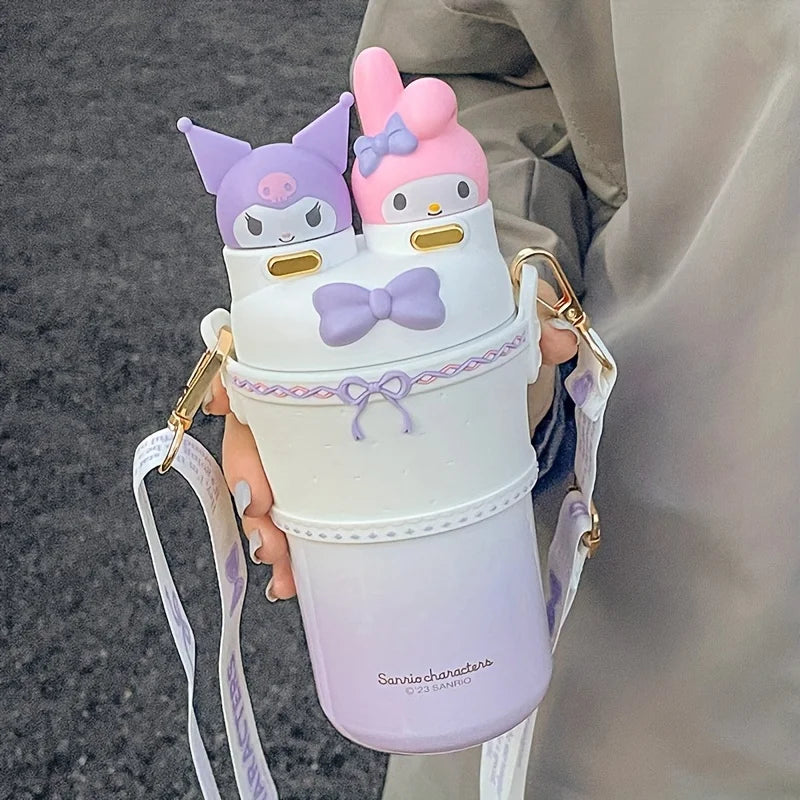 Hello Kitty Stainless Steel Insulated Cup, 550ML Portable Water Bottle for Outdoor Travel,Two Drinking Ways.  Cute Birthday Gift