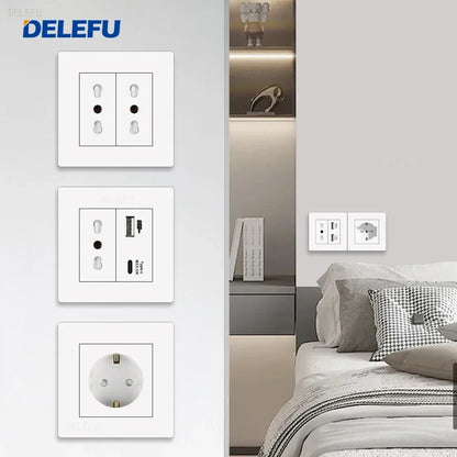 DELEFU86 PC White Flame Retardant Panel Italy Standard Wall Socket USB Type C Socket German Italian Socke EU Socket