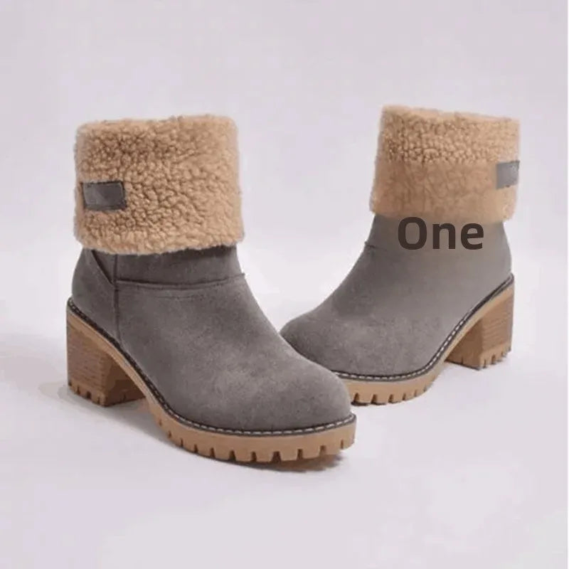 Warm Fleece Lined Mid-Calf Snow Boots Women's Velvet Booties Matte Finish Booties Two-Way Wear Low Heel round Toe Winter Boots