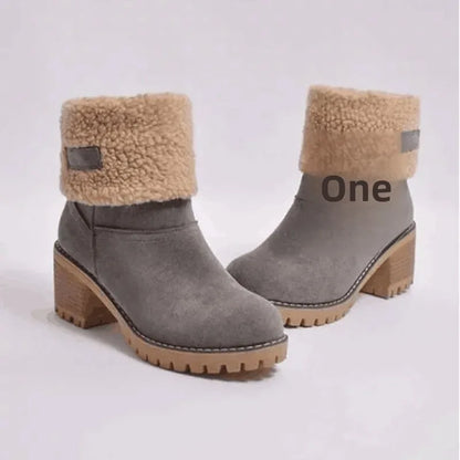 Warm Fleece Lined Mid-Calf Snow Boots Women's Velvet Booties Matte Finish Booties Two-Way Wear Low Heel round Toe Winter Boots