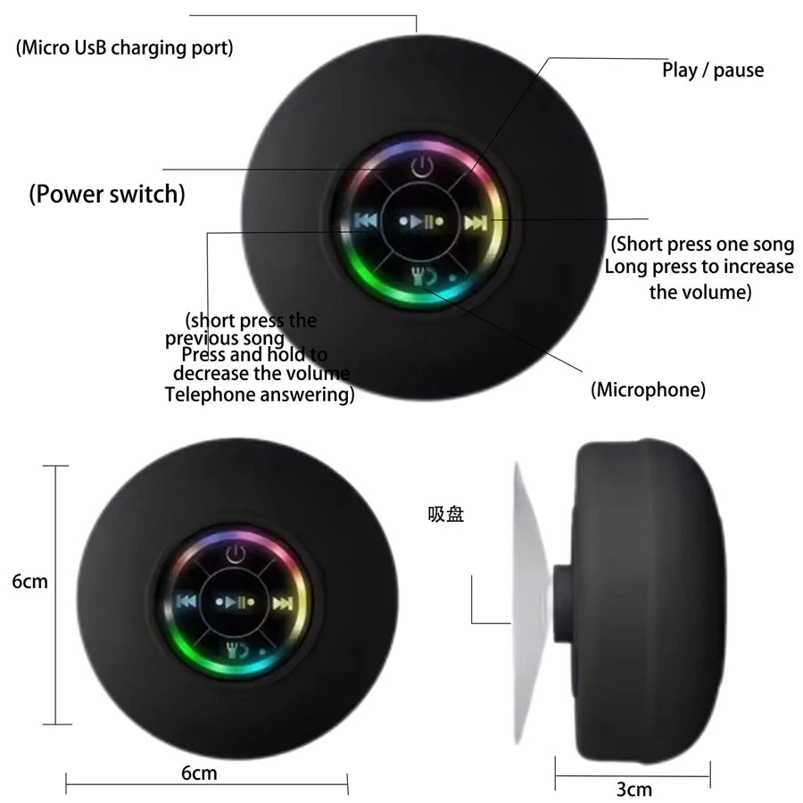 2025 Waterproof Wireless Led Bluetooth Speaker Large Suction Cup Bathroom Mini Portable Speakers Outdoor Sport Stereo Speakers