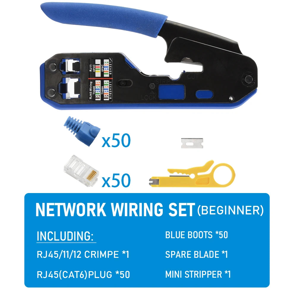 RJ45 Crimping Tool Set, 8P6P Cat5 Cat5e Cat6 Ethernet Crimper Pliers with Wire Stripper Cutter for RJ11 RJ12 Modular Plugs