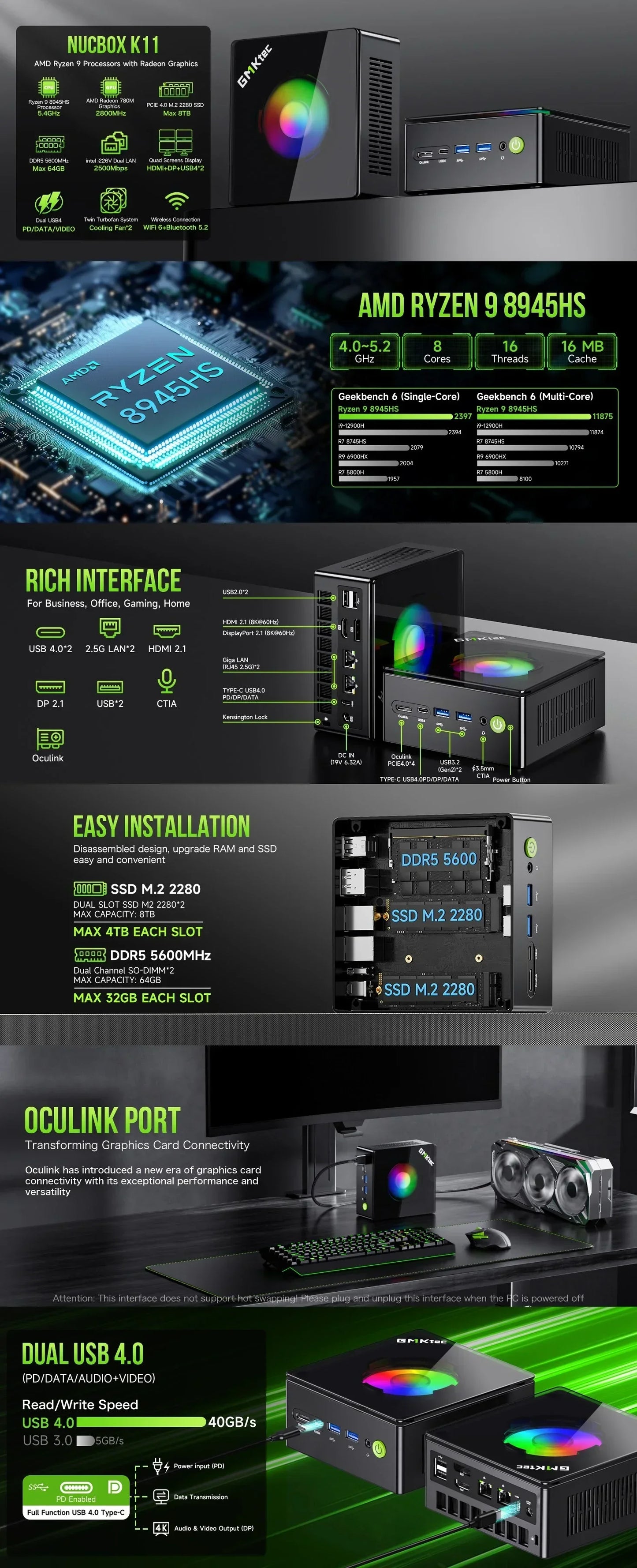 GMKtec K11 Gaming PC AMD Ryzen 9 8945HS 32GB DDR5 1TB PCIe 4.0 SSD Windows 11 Pro Oculink Dual 2.5G LAN HDMI DP 2 USB4 RGB