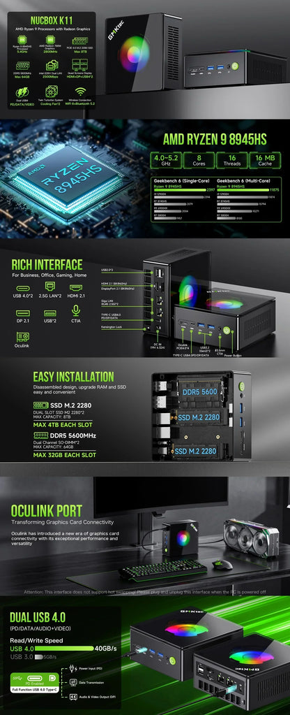 GMKtec K11 Gaming PC AMD Ryzen 9 8945HS 32GB DDR5 1TB PCIe 4.0 SSD Windows 11 Pro Oculink Dual 2.5G LAN HDMI DP 2 USB4 RGB