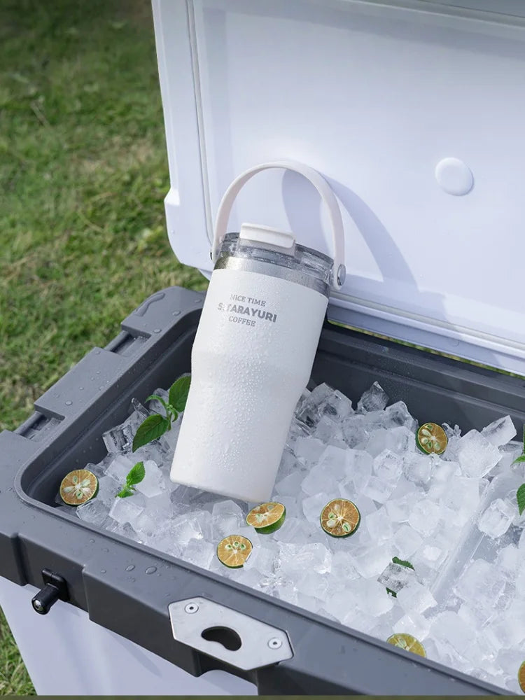 JUSTINLAU 600/900ml Insulated Cups Stainless Steel Double-drinking Thermos Cup with Handle& Straw Sports Bottle Car Ice Tumbler