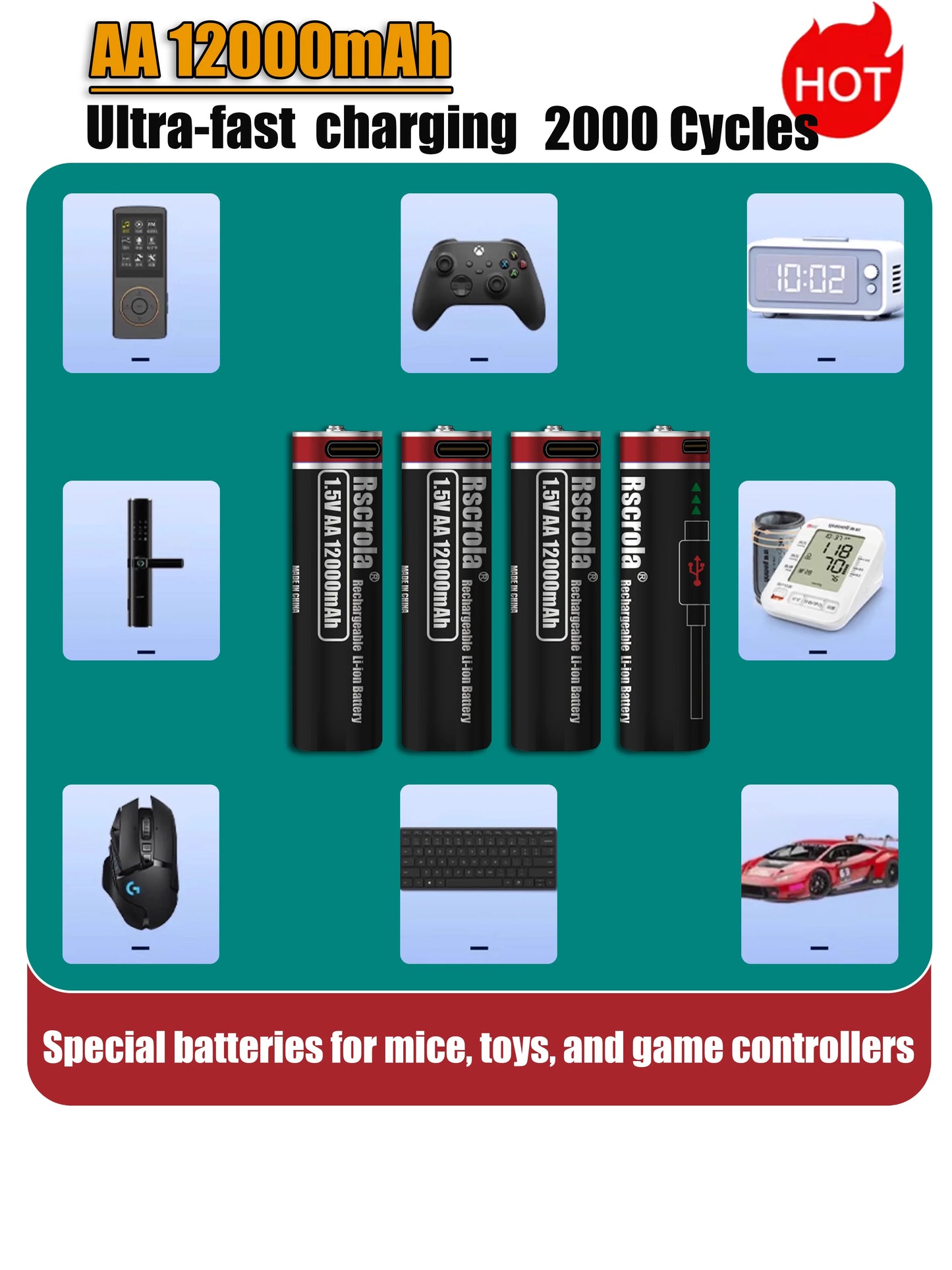 2026 Hot Rechargeable Battery Lithium-ion 1.5V AA1200mAh Rechargeable Battery 1.5V AAA6800mAh Battery with USB-C Cables