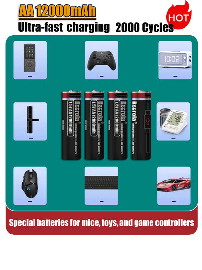 2026 Hot Rechargeable Battery Lithium-ion 1.5V AA1200mAh Rechargeable Battery 1.5V AAA6800mAh Battery with USB-C Cables