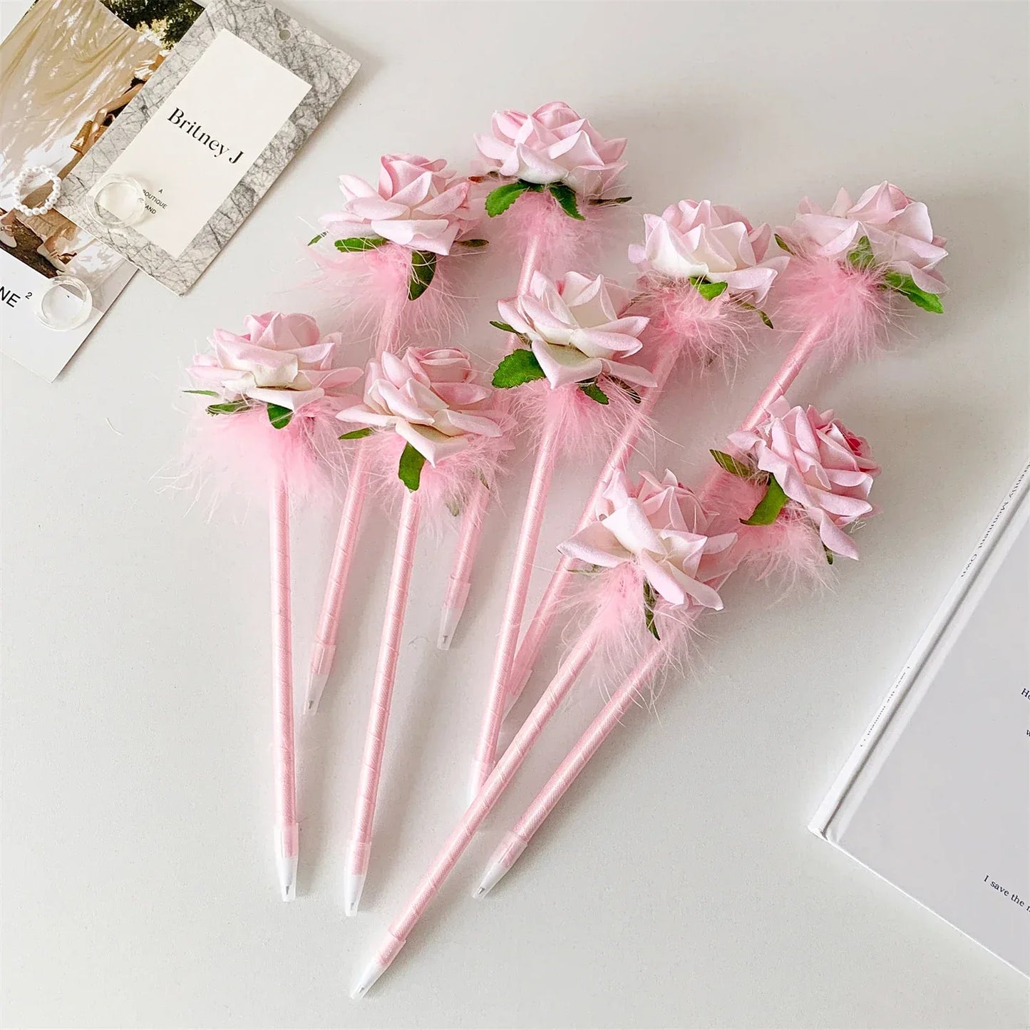 10pcs/set Simulated Rose Shaped Ballpoint Pen Valentine's Day Desktop Decoration Supplies Student Writing Supplies Set