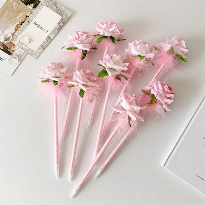 10pcs/set Simulated Rose Shaped Ballpoint Pen Valentine's Day Desktop Decoration Supplies Student Writing Supplies Set