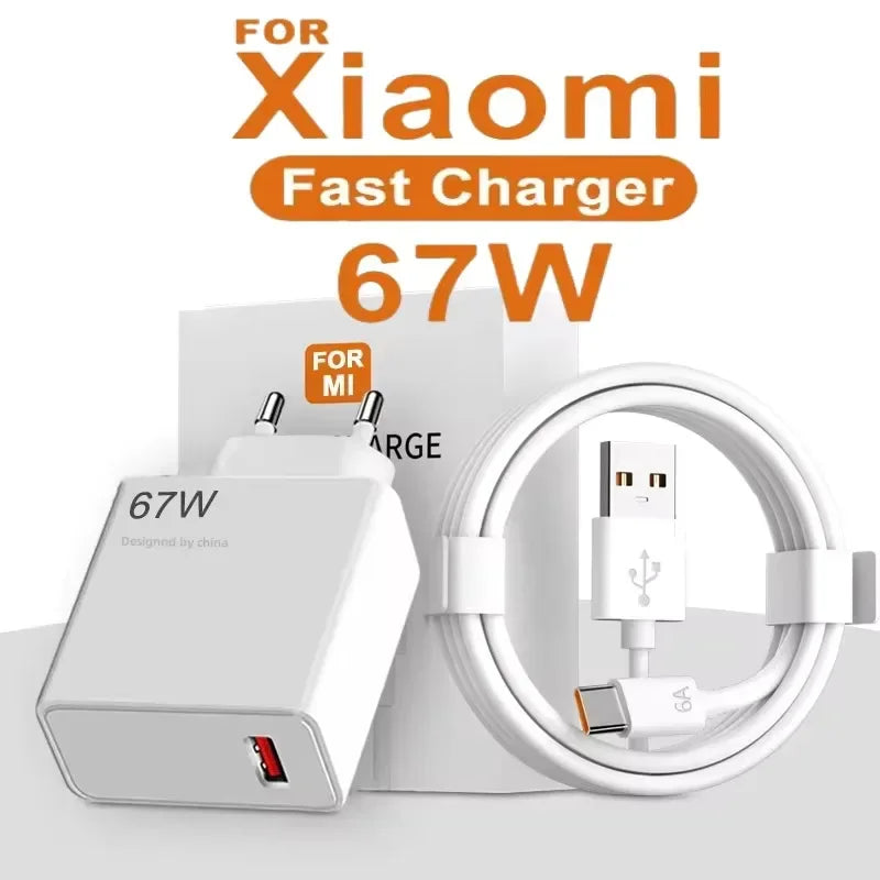 EU US UK Plug 67W 6A USB Fast Charger For Xiaomi 10T 11 12 Lite 13T Redmi Note 10 11T 12 13 POCO X4 X5 F5 Type C Charging Cable