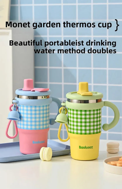 2025 New Girls Office 316 Stainless Steel Thermos Cup Household Handle Student Straw Cup Double Drink Bingba Cup  Coffee Mug