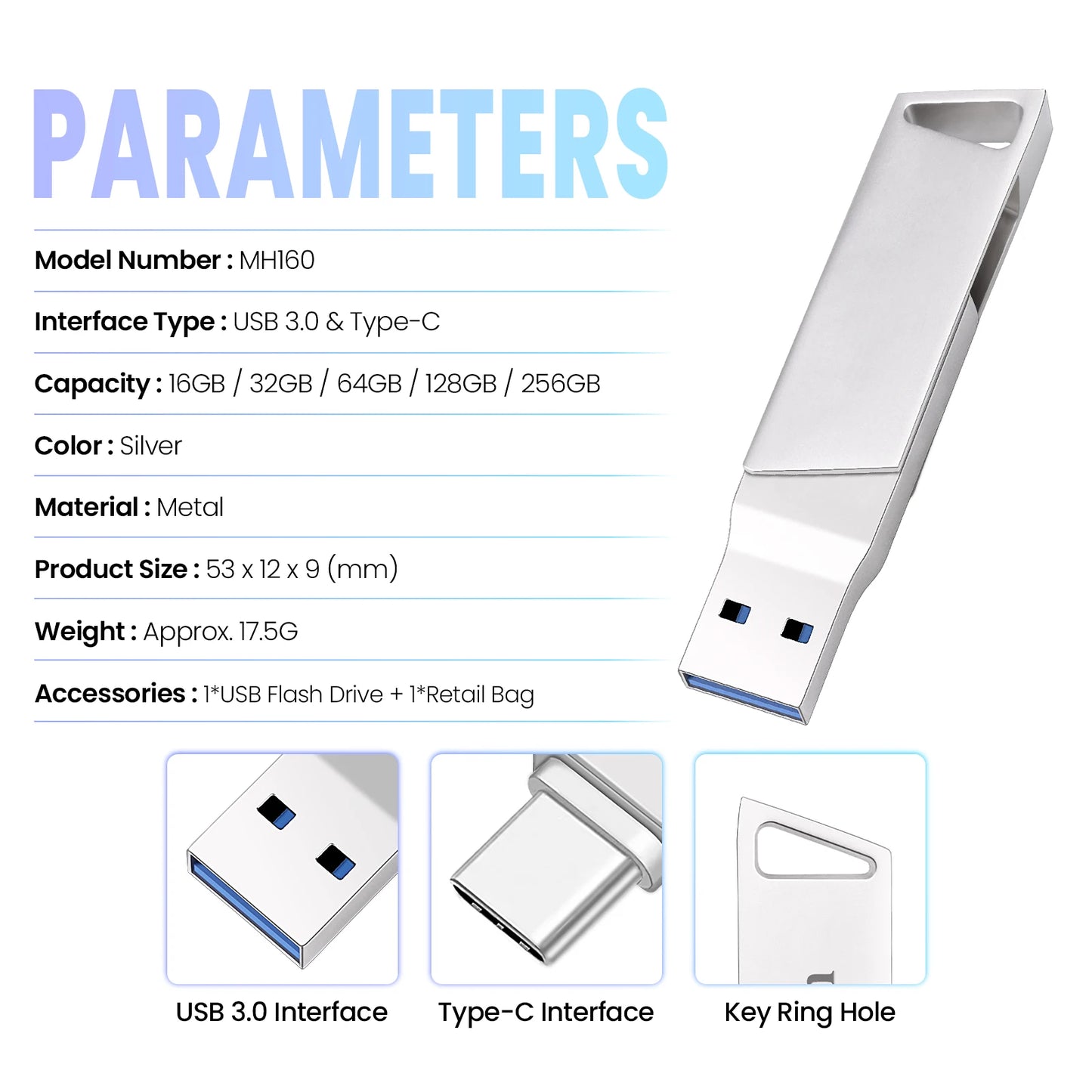 New Metal Type-C Rotatable USB 3.0 Flash Drive 32GB Computer And Phone Dual-Use Rotating Design Durable Data Storag Pen Drives ﻿