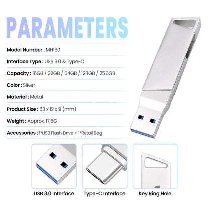 New Metal Type-C Rotatable USB 3.0 Flash Drive 32GB Computer And Phone Dual-Use Rotating Design Durable Data Storag Pen Drives ﻿