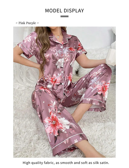 Satin Pajama for Women Flower Print Sleepwear Set Soft Comfort Home Clothes Autumn Short Sleeve Tops & Pants Pyjama Pijama Femme