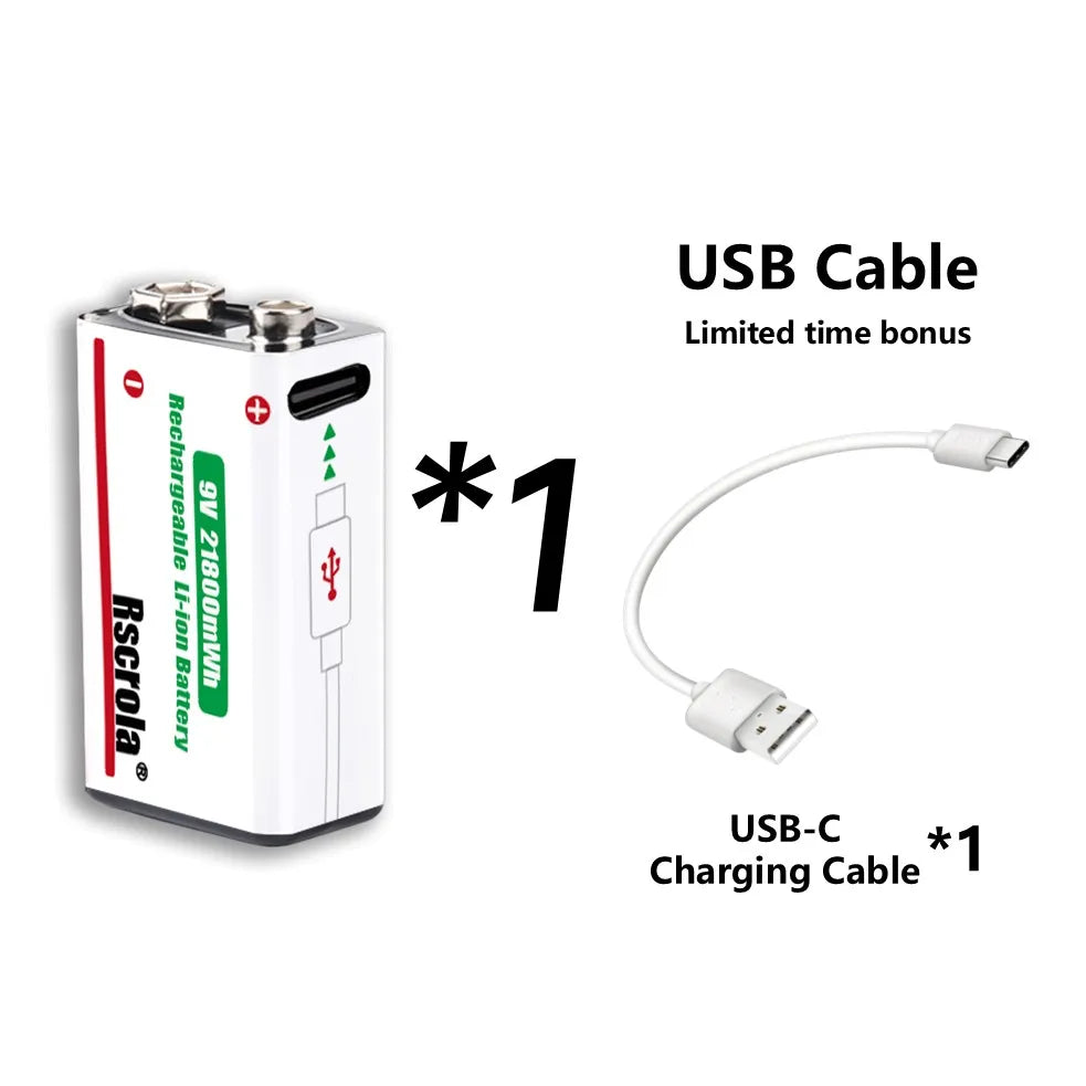 Rechargeable 9V Battery USB-C Charge,21800mWh Long-lasting 9V Li-Ion Battery with Free Cable,for Smoke Alarm,Camera,Clocks,Audio