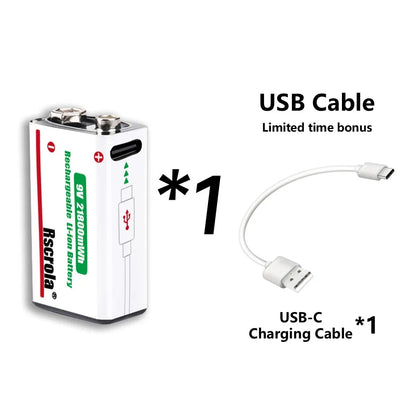 Rechargeable 9V Battery USB-C Charge,21800mWh Long-lasting 9V Li-Ion Battery with Free Cable,for Smoke Alarm,Camera,Clocks,Audio