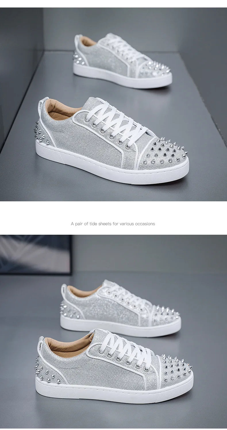 New Fashion Silver Trainers Glitter Spiky Shoes Men Lace Up Sneakers Low Top Shoes Red Sole Man Designer Sneaker With Spikes