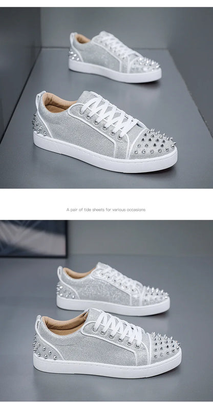 New Fashion Silver Trainers Glitter Spiky Shoes Men Lace Up Sneakers Low Top Shoes Red Sole Man Designer Sneaker With Spikes