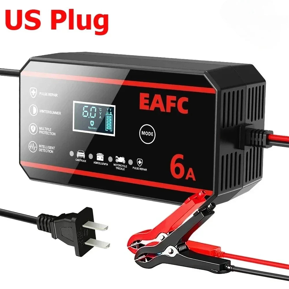 EAFC Fully Automatic 12V 6A Smart Car Battery Charger Pulse Repair LCD Display for Auto Moto AGM GEL WET Lead Acid LiFePO4