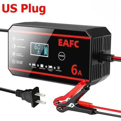 EAFC Fully Automatic 12V 6A Smart Car Battery Charger Pulse Repair LCD Display for Auto Moto AGM GEL WET Lead Acid LiFePO4