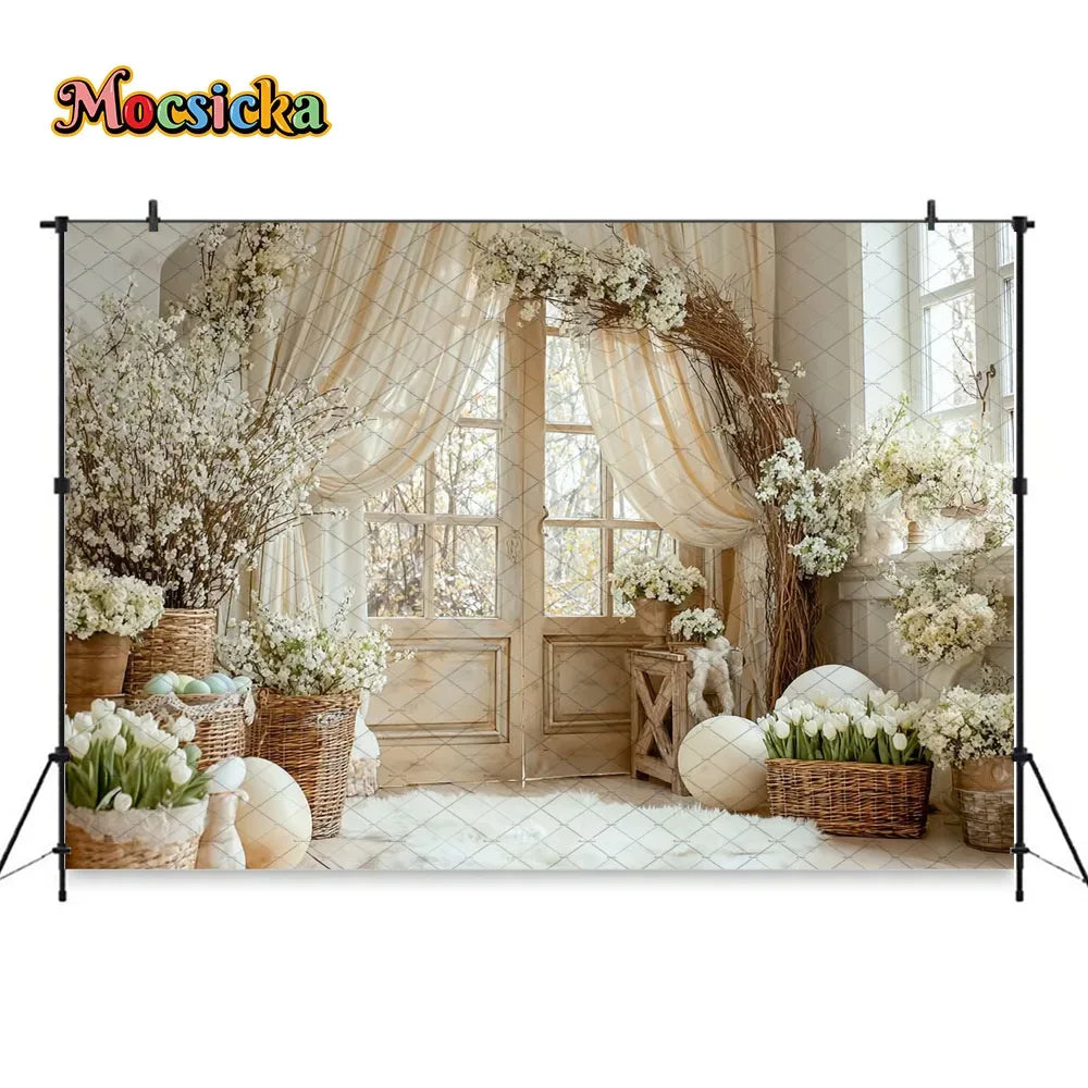 Mocsicka Spring Easter Background Photography White Retro Door Colorful Egg Floral Backdrop Maternity Newborn Photozone Studio