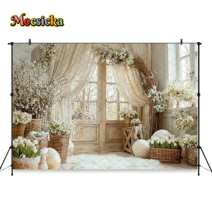 Mocsicka Spring Easter Background Photography White Retro Door Colorful Egg Floral Backdrop Maternity Newborn Photozone Studio