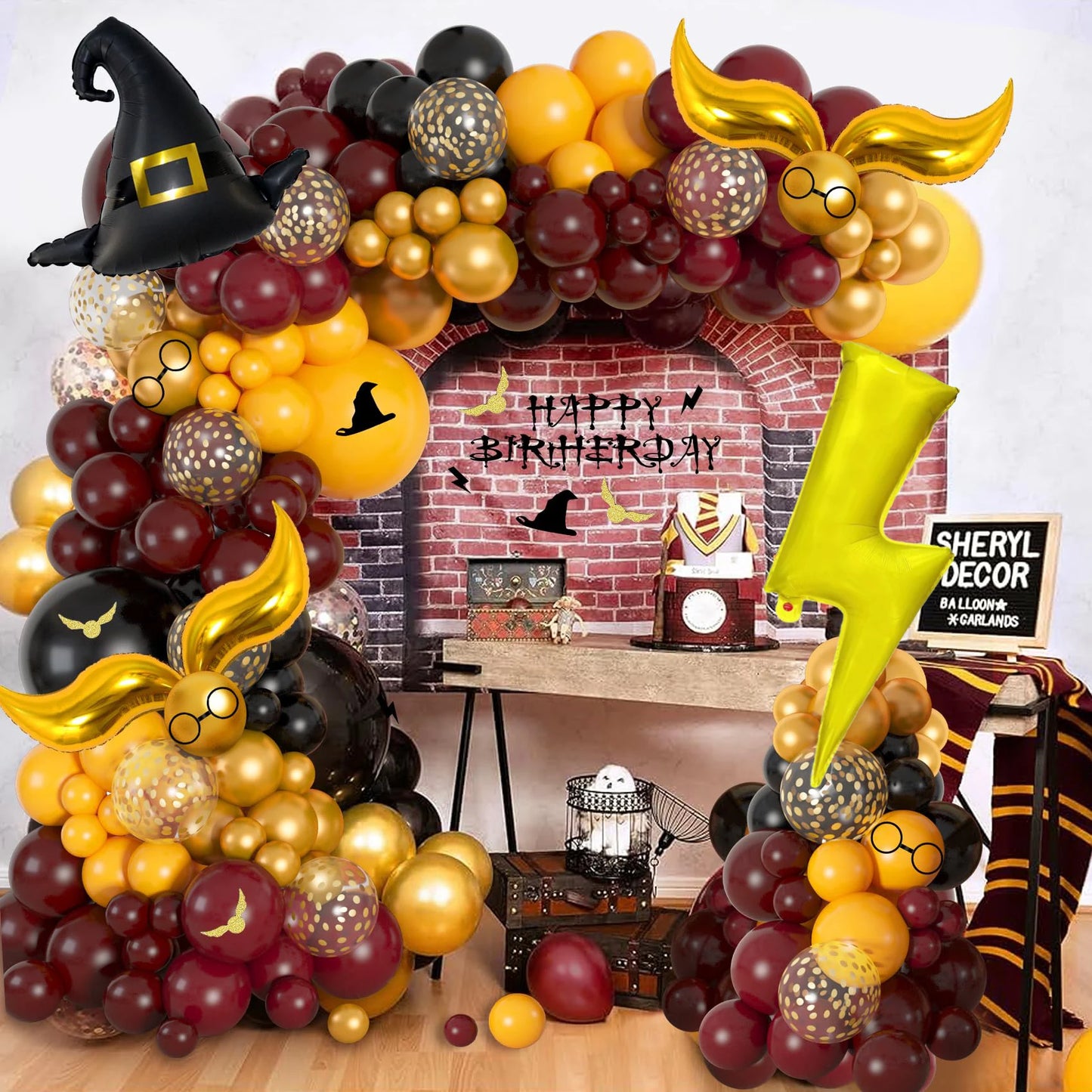 Kit d'arche de ballons magiques pour école de sorciers, avec chapeau de sorcier Vif d'or bordeaux, noir et or, pour une fête d'anniversaire sur le thème de la magie ou d'Halloween.