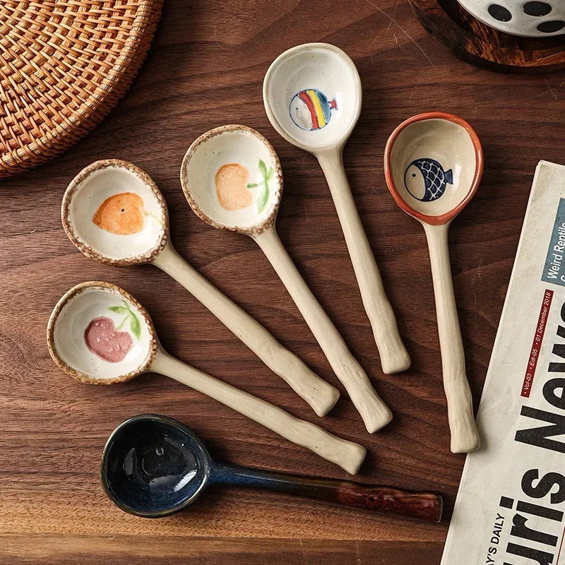 Cute Ceramic Flower Soup Spoon Kawaii Korean Ice Cream Hand Painted Dessert Spoon With Long Handle Kitchen Tableware Accessories